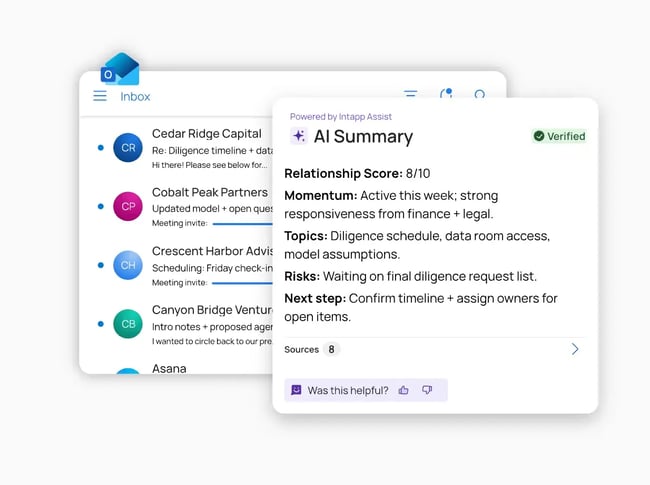 Intapp Assist AI summary displays deal insights within an email inbox, showing relationship score, momentum, and next steps.