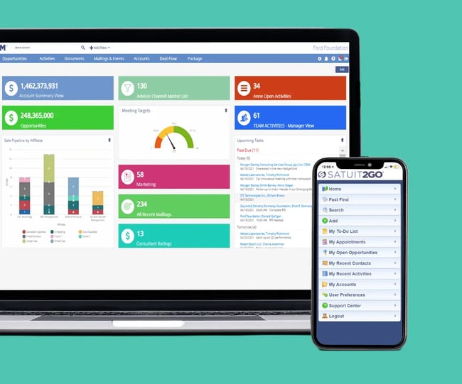 Laptop displaying a Satuit CRM dashboard alongside a smartphone running the Satuit2Go mobile app.