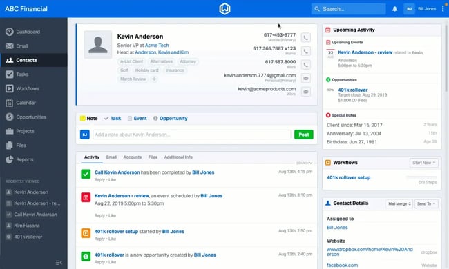 Wealthbox CRM displaying a financial advisor's client contact details, upcoming activities, and workflows for Kevin Anderson.