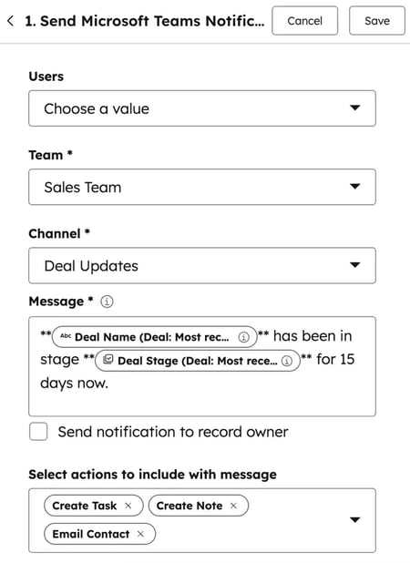 Microsoft Teams notification setup for deal updates, showing a feature of the best crm for investment management ¨C HubSpot