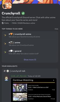 A screenshot of the Crunchyroll Discord social media community.