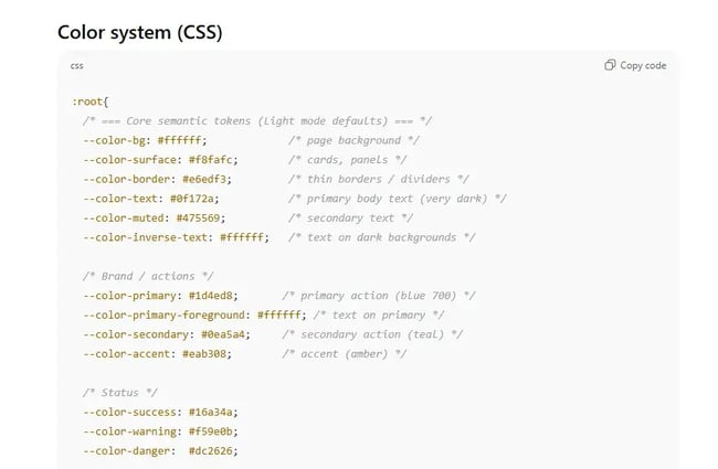 css color theme, ai prompts for web developers