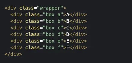 HTML defining grid with div parent and six children elements