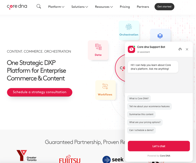 customer chatbot examples, cored dna chatbot widget showing welcome message and common questions to prompt users