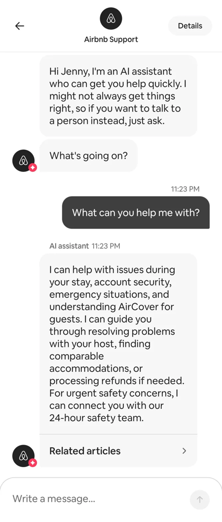 customer service chatbot examples, Airbnb AI assistant disclosing its limitations upfront and offering support for stay issues, AirCover claims, host disputes, and emergency safety escalation