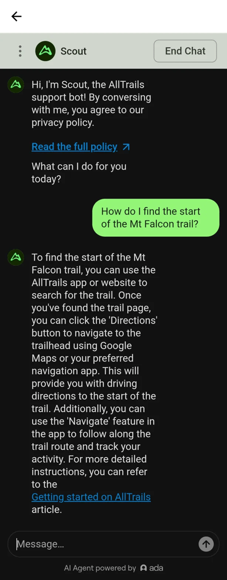customer service chatbot examples, AllTrails Scout support bot answering a trail-specific question with step-by-step directions and a link to the Getting Started help article