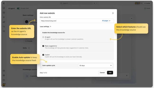customer service chatbot examples, ChatBot platform showing knowledge source configuration with website URL input, auto-update cycle settings, and options to enable AI agent, reply suggestions, and Copilot