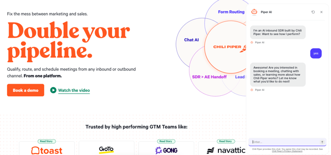 customer service chatbot examples, Chili Piper website showing Piper AI inbound SDR bot routing visitors by intent with options to book a meeting, chat with sales, or learn more