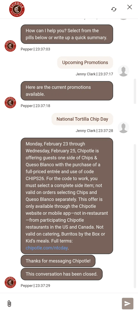 customer service chatbot examples, Chipotle’s Pepper chatbot answering a promotions query with full offer details, redemption code, and eligibility terms before closing the conversation