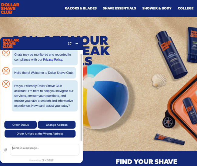 customer service chatbot examples, Dollar Shave Club chatbot showing structured post-purchase support menu with order status, address change, and wrong address delivery options