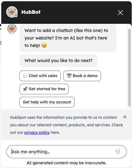 customer service chatbot examples, HubSpot’s HubBot widget showing AI-powered chat options, including sales, demo booking, and account support