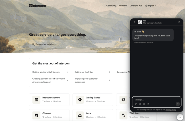 customer service chatbot examples, Intercom help center showing Fin AI agent deployed alongside knowledge base documentation for open-text customer support queries