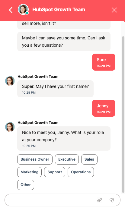 customer service chatbot examples, Pipeline Ops chatbot flow showing conversational lead capture with name collection and role segmentation options, including Business Owner, Executive, Sales, Marketing, Support, and Operations