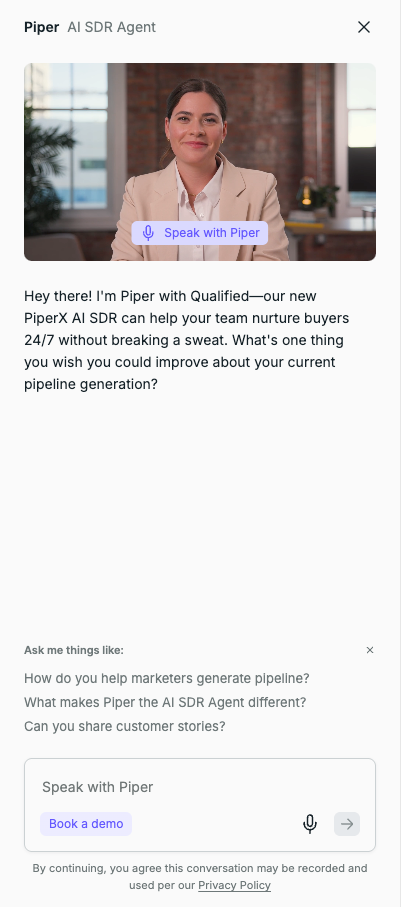 customer service chatbot examples, Qualified website showing Piper AI SDR agent engaging a visitor with an open-ended pipeline generation question and demo booking option