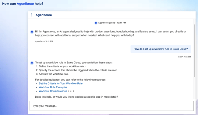 customer service chatbot examples, Salesforce Agentforce AI agent on help center answering a product question with step-by-step guidance and links to relevant documentation