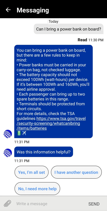 customer service chatbot examples, United Airlines messaging bot answering a carry-on battery question with detailed rules, watt-hour limits, and a link to TSA guidelines