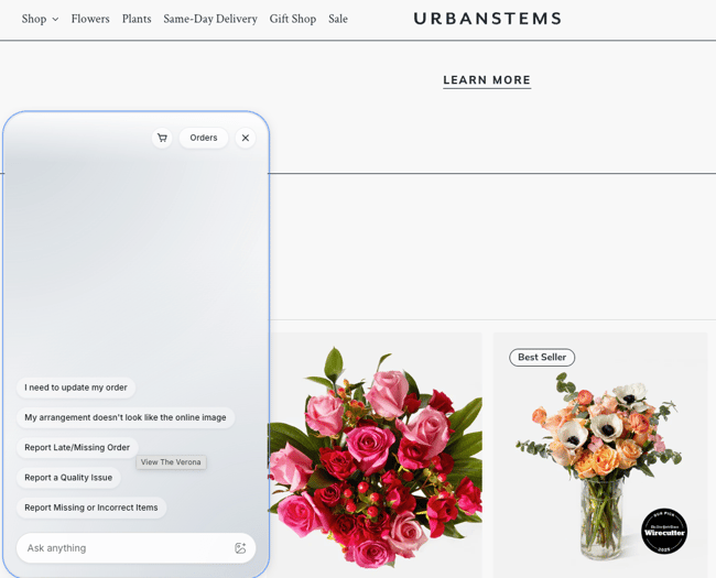 customer service chatbot examples, UrbanStems chatbot showing post-purchase support options, including order updates, quality issues, late deliveries, and missing items, alongside an open text input