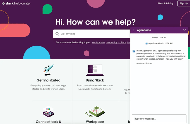 customer service chatbot examples, slack help center showing an AI chatbot deployed alongside knowledge base documentation for self-service support