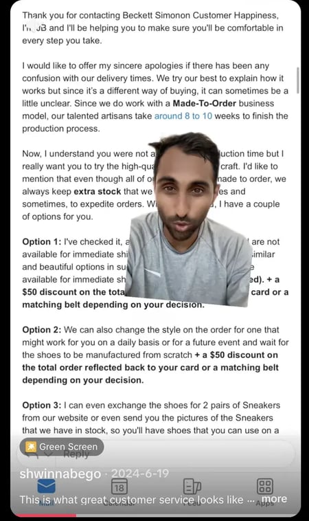 customer success care screenshot of a customer of beckett simonon speaking about the great customer experience you enjoyed with the brand