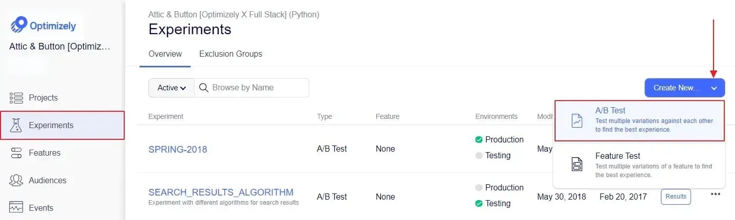 Optimizely Experiments dashboard showing the "Create New" dropdown menu expanded with A/B Test selected.