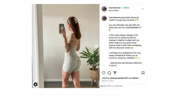 customer acquisition analytics, Gymshark influencer Instagram post sharing unique discount code MARNIEH for lead source tracking