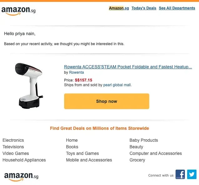 customer acquisition analytics, Amazon personalized product recommendation email triggered by browsing activity, 