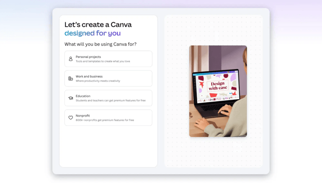 Canva customer onboarding interface asking users to select their use case for personalized onboarding experience