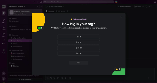 Slack welcome screen asking new user organization size to personalize onboarding recommendations
