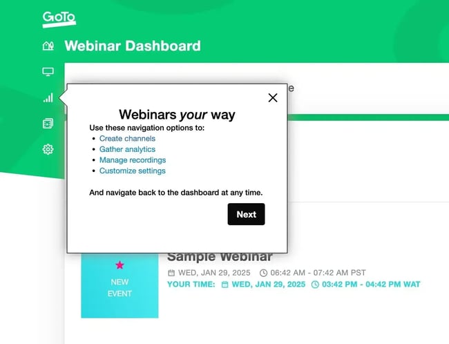 GoTo Webinar dashboard with guided tutorial explaining navigation options for managing webinars