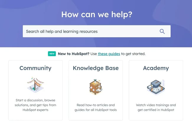 HubSpot knowledge base homepage with search bar and self-serve support sections for Community, Knowledge Base, and Academy