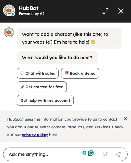 HubSpot AI chatbot interface offering options to chat with sales, book a demo, get started, and request account help