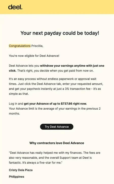 Deel customer onboarding email promoting Deel Advance feature for flexible earnings access