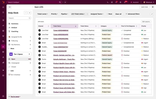 HubSpot Help Desk ticket table displaying open tickets with priority, status, category, and assignment columns