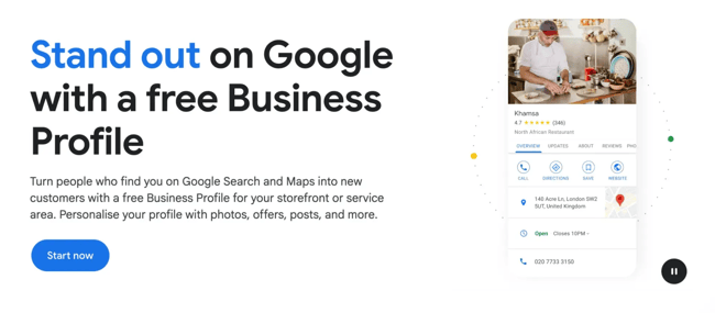 Google Business Profile example showing restaurant listing with 4.7-star rating and business details