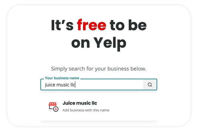 Yelp business search interface with search bar and option to add business listing