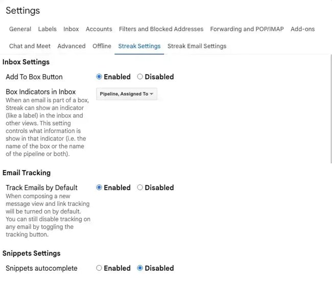 customization settings for using streak crm for gmail