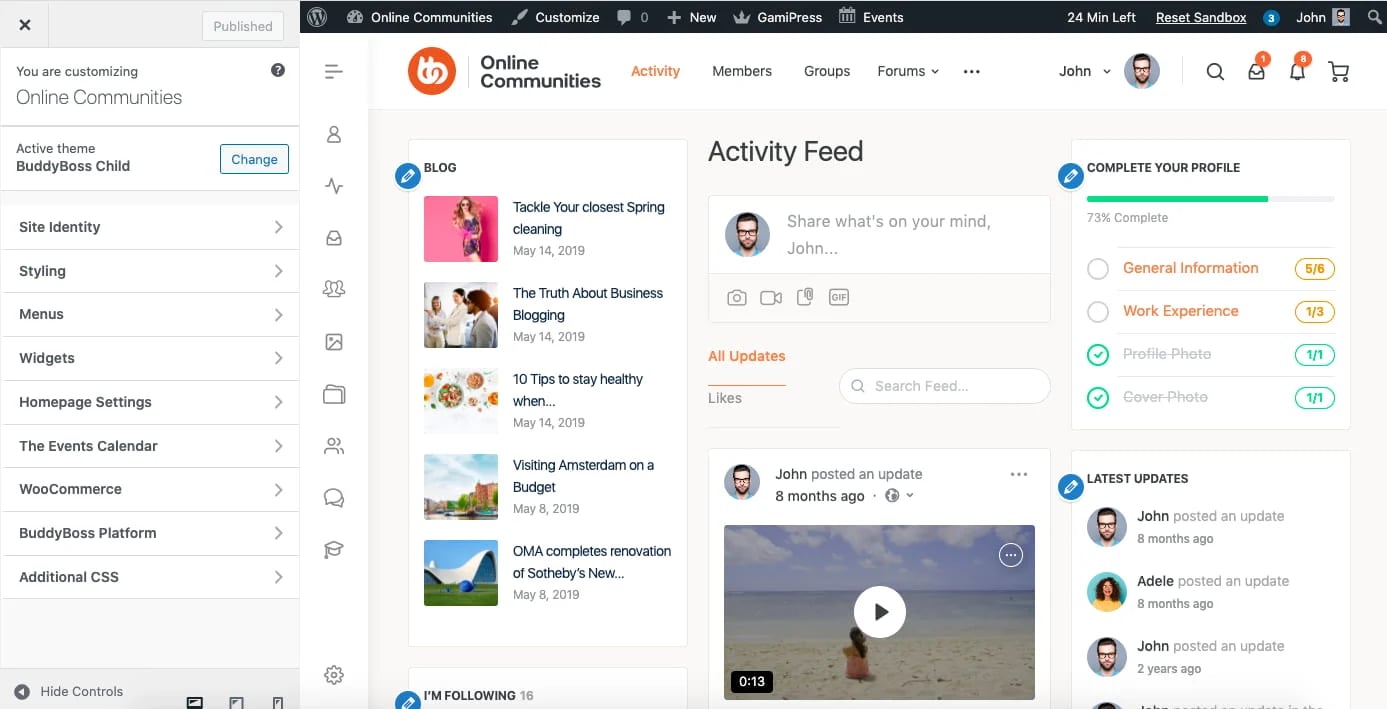 BuddyBoss community site demo with WordPress customizer on lefthand side
