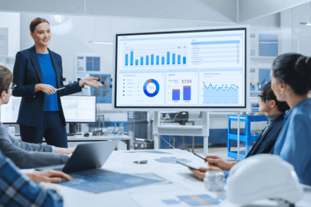 Data analyst presenting dashboard powered by data pipelines