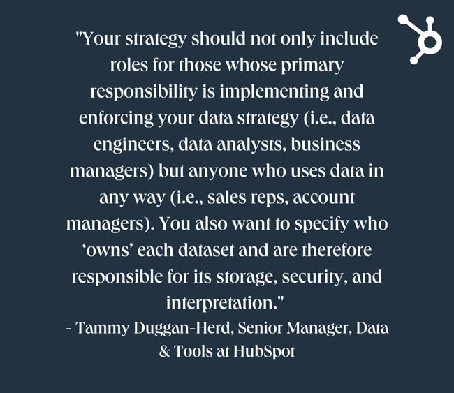 data strategy: white text quote with navy background. quote reads: "Your strategy should not only include roles for those whose primary responsibility is implementing and enforcing your data strategy (i.e., data engineers, data analysts, business managers) but anyone who uses data in any way (i.e., sales reps, account managers). You also want to specify who owns each dataset and are therefore responsible for its storage, security, and interpretation."  - Tammy Duggan-Herd, Senior Manager, Data & Tools at ̽ѡ