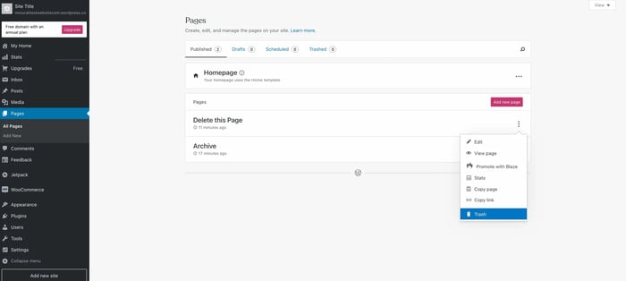 delete a page in wordpress