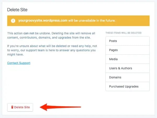 Delete site from WordPress.