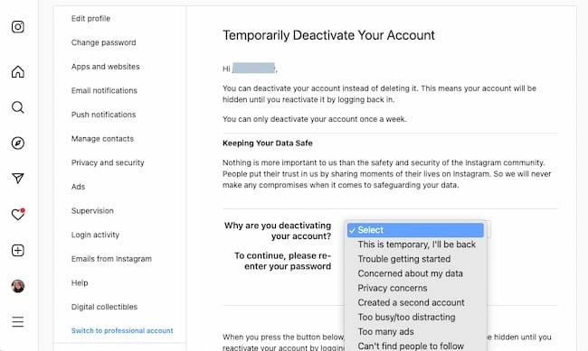 How to deactivate Instagram example: Why are you deactivating your account?