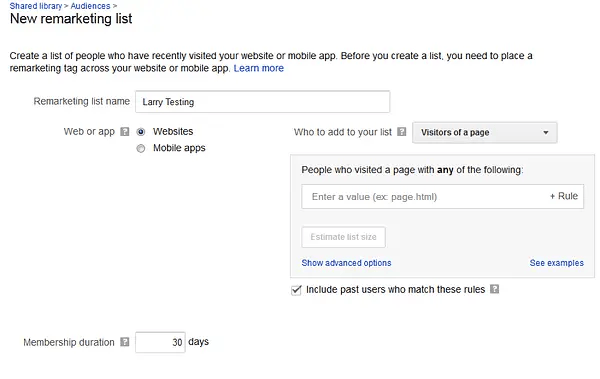 new remarketing list interface within google ads