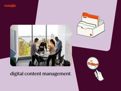 digital content management represented by a photo of a team of people conversing over a desk, a graphic of file storage, and a graphic of a magnifying glass