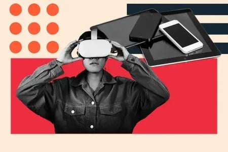 creative asset showing a person looking through vr headset with some apple devices stacked next to them, digital customer experience