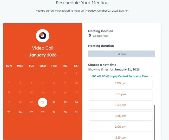 HubSpot meeting scheduler rescheduling page for a discovery call