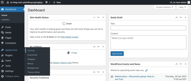 Click Appearance > Themes to begin installing Divi child theme