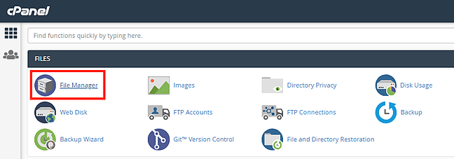 Click File Manager in WordPress hosting provider's cPanel to begin creating Divi child theme