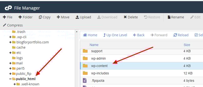 User navigating to wp-content folder in cPanel of a WordPress hosting provider to begin creating Divi child theme