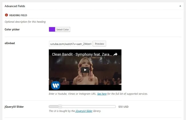 A Meta Box advanced field group including a video embed and color picker custom field